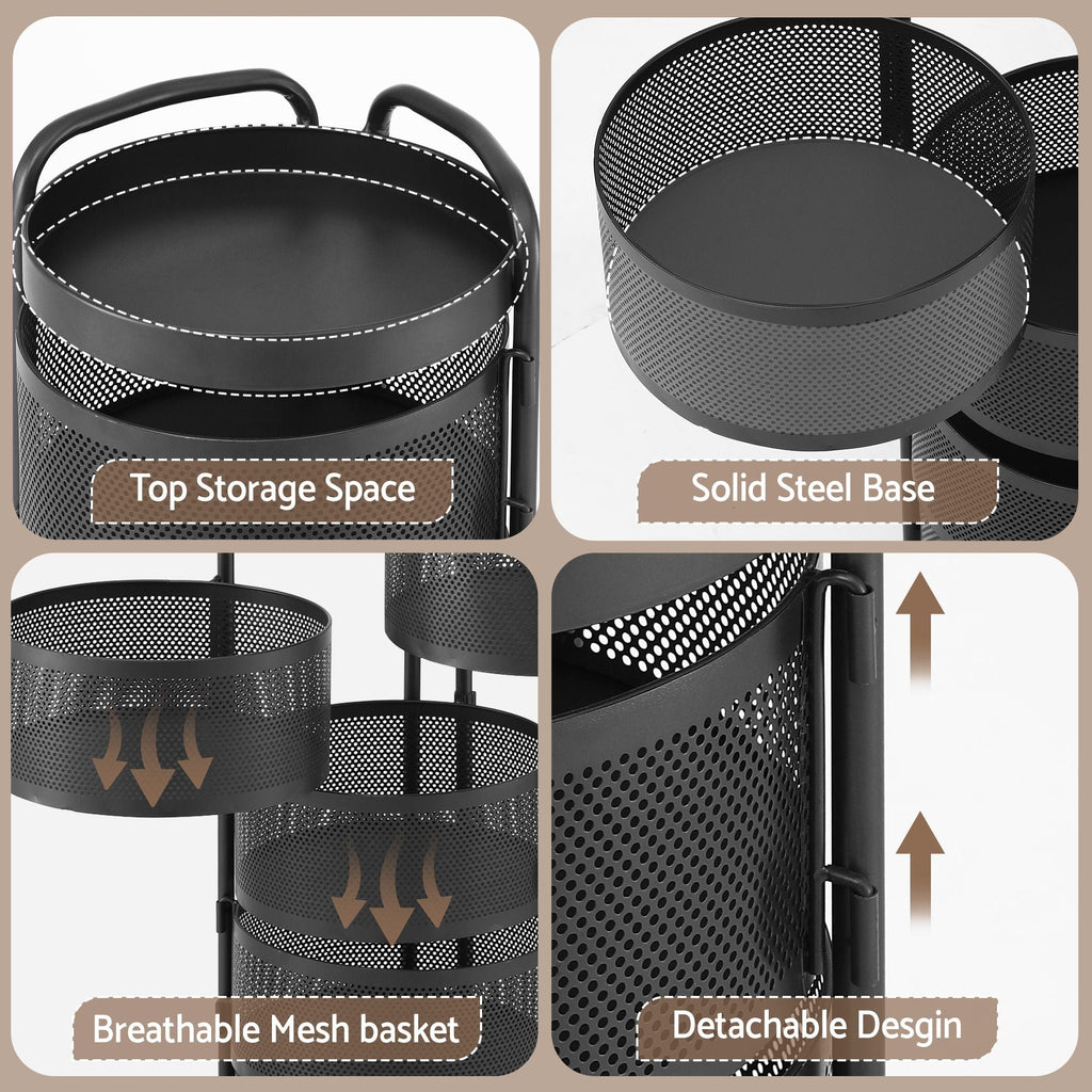 Black metal storage rack with features highlighted on a beige background