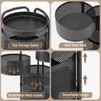 Black metal storage rack with features highlighted on a beige background