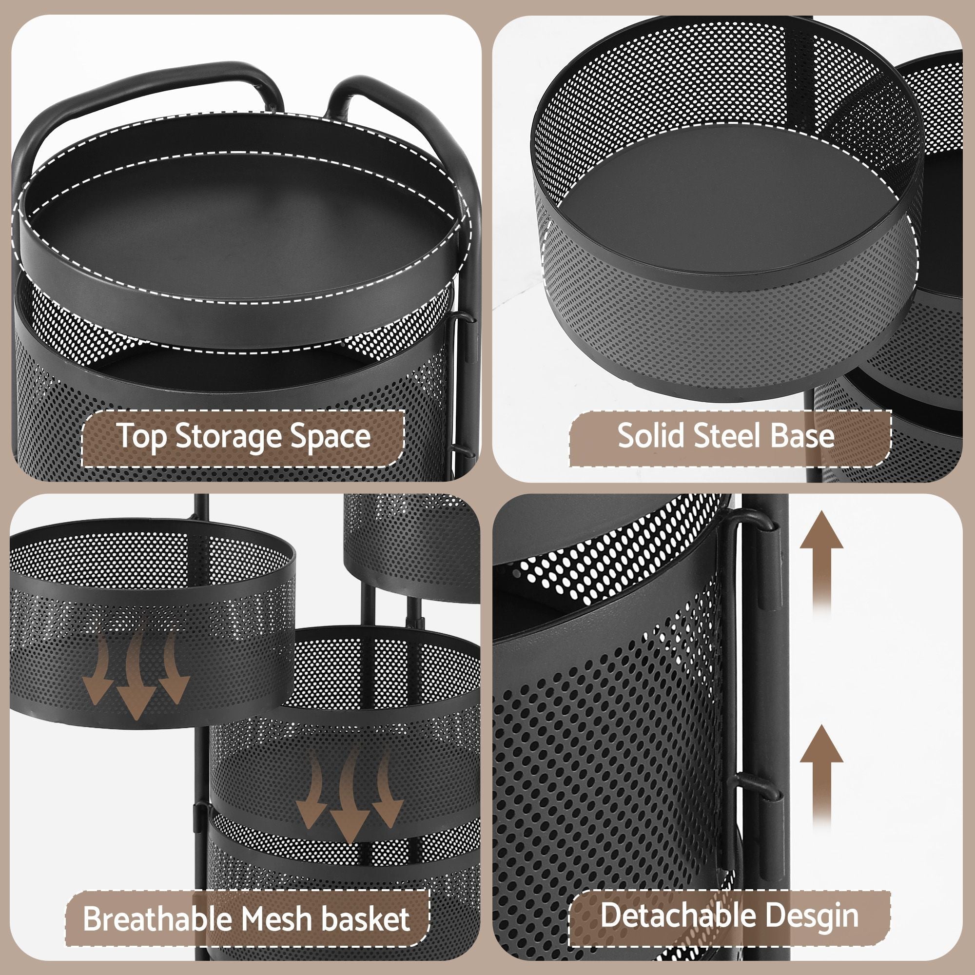 Black metal storage rack with features highlighted on a beige background