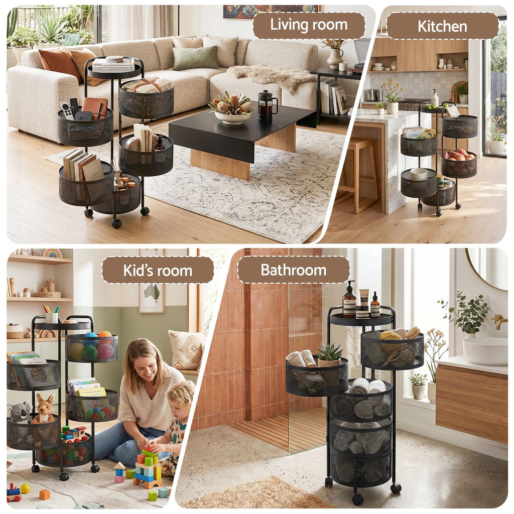Multifunctional rolling cart used in various rooms including living room, kitchen, kids' room, and bathroom.