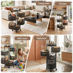 Multifunctional rolling cart used in various rooms including living room, kitchen, kids' room, and bathroom.