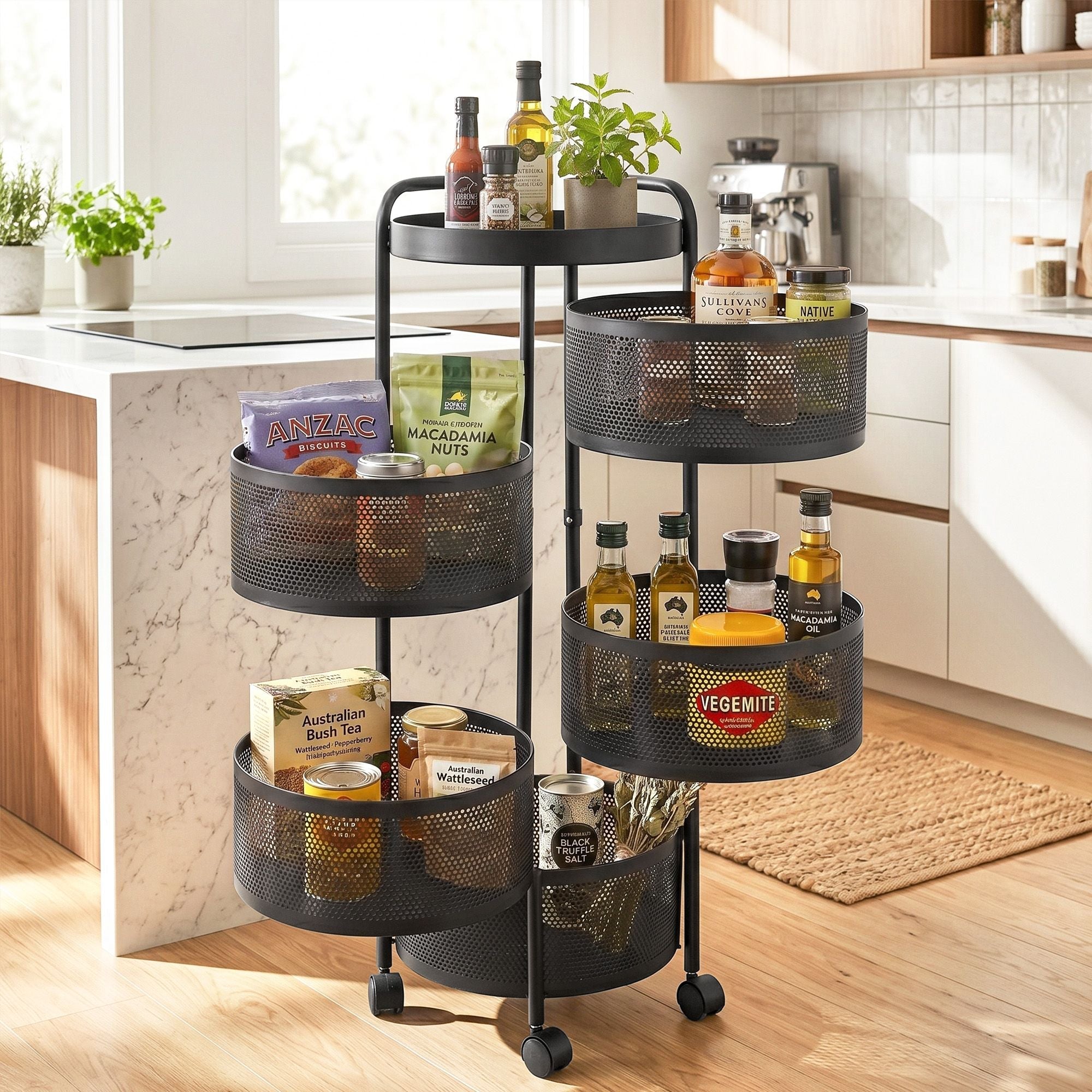 Black three-tier rolling cart in a kitchen with various items on each shelf.