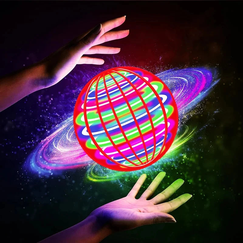 Colorful glowing ball with hands reaching towards it against a dark background
