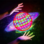 Colorful glowing ball with hands reaching towards it against a dark background