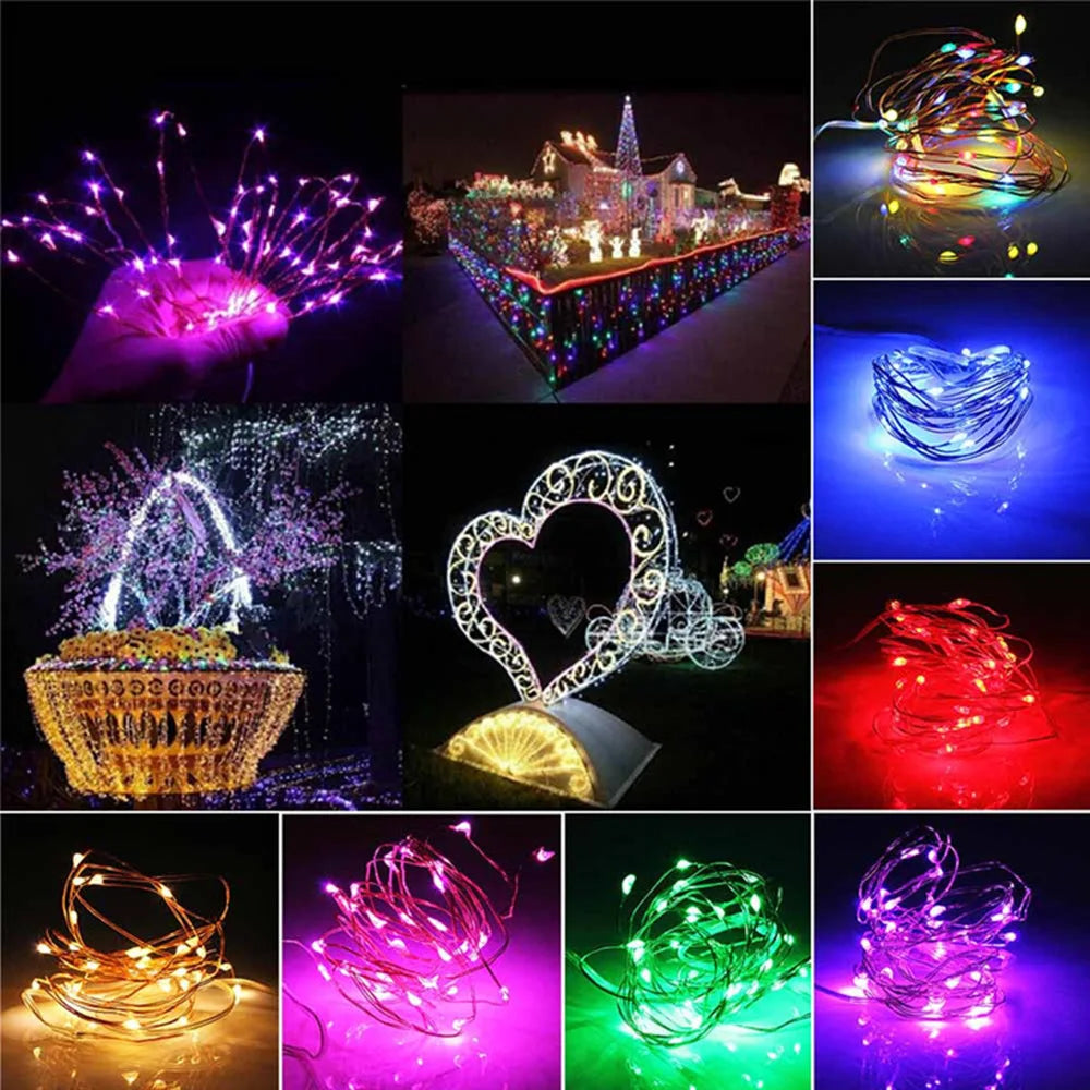 Collage of various LED string lights in different shapes and colors.