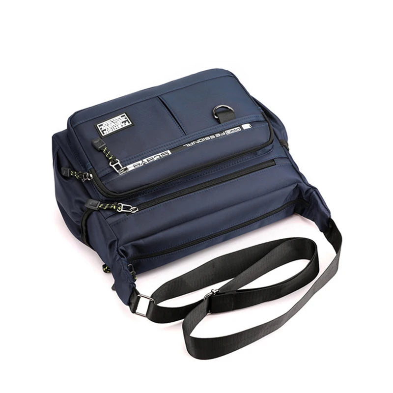 Navy blue backpack with a visible brand logo on a white background