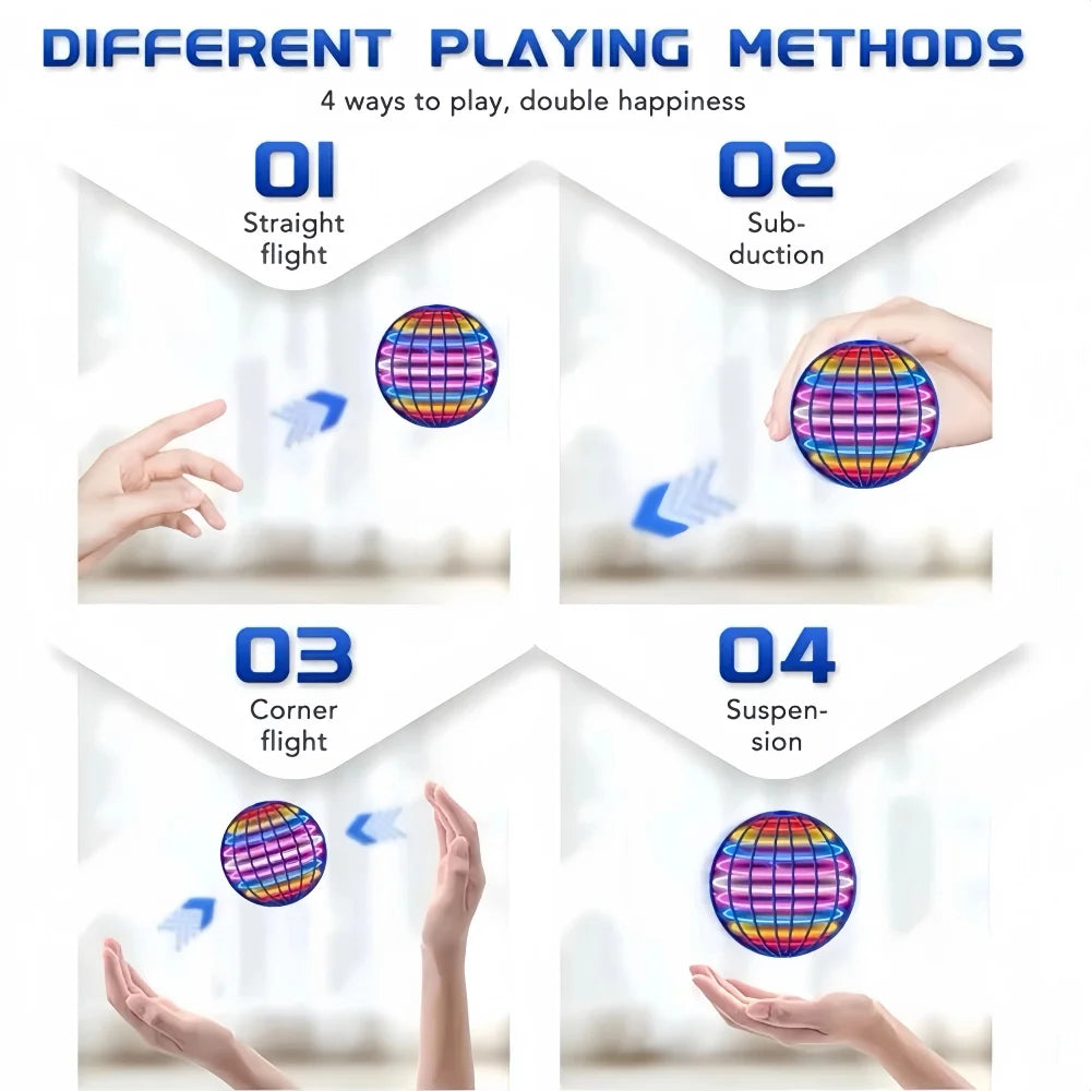 Illustration of different ways to play with a colorful ball, including straight flight, subduction, corner flight, and suspension.