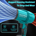 A teal and black Mawiron handheld blower shown on a dark background with blue airflow lines and promotional text. The image includes marketing copy about rugged housing and features a small inset icon for overheating protection and strong wind pressure.