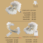 White star-shaped Christmas string lights shown with different lengths and LED counts on a tan background, with text listing power supply and dimensions.