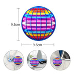 Colorful LED ball with dimensions and usage examples on a white background