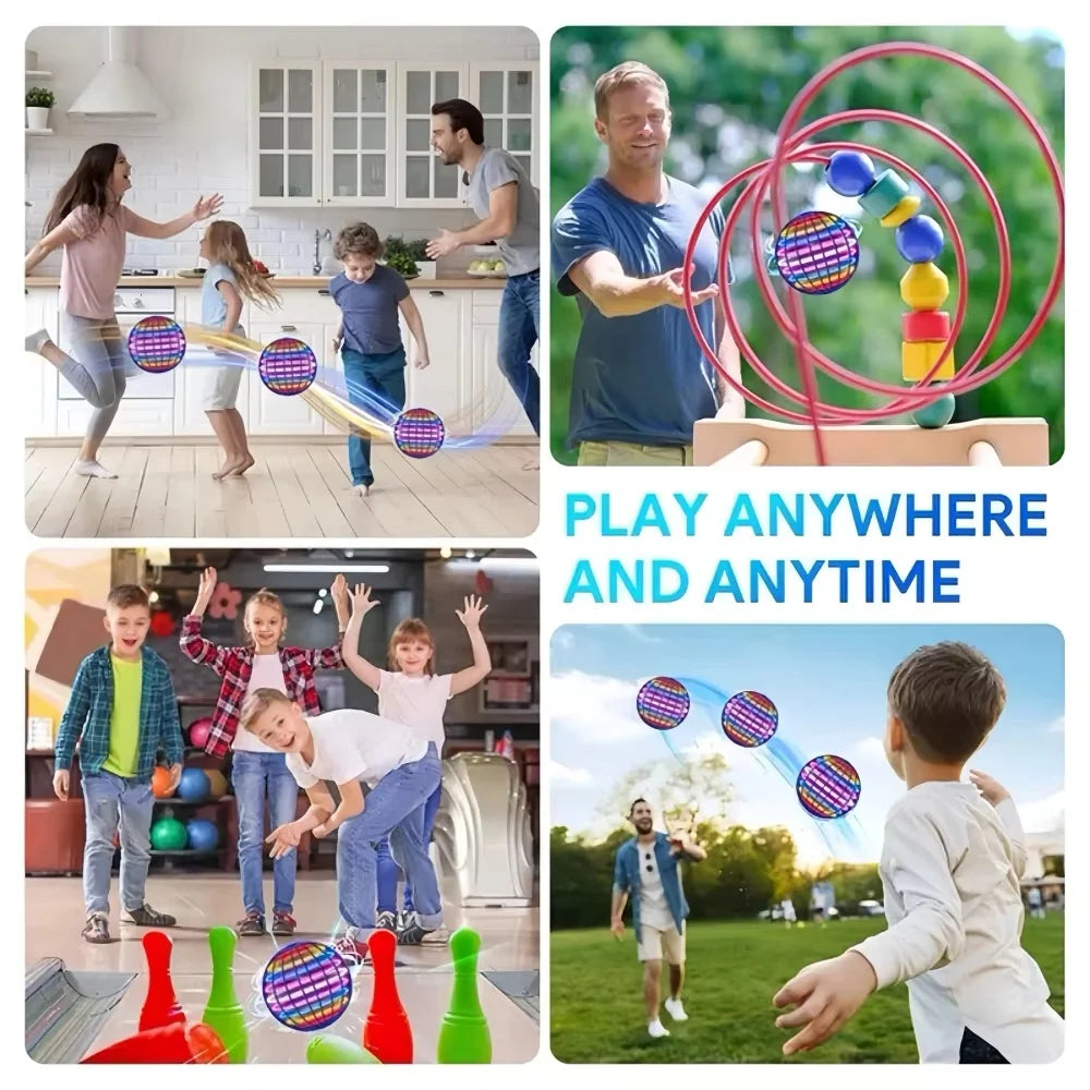 Collage of people playing with colorful toys in various settings with text 'Play Anywhere and Anytime'.