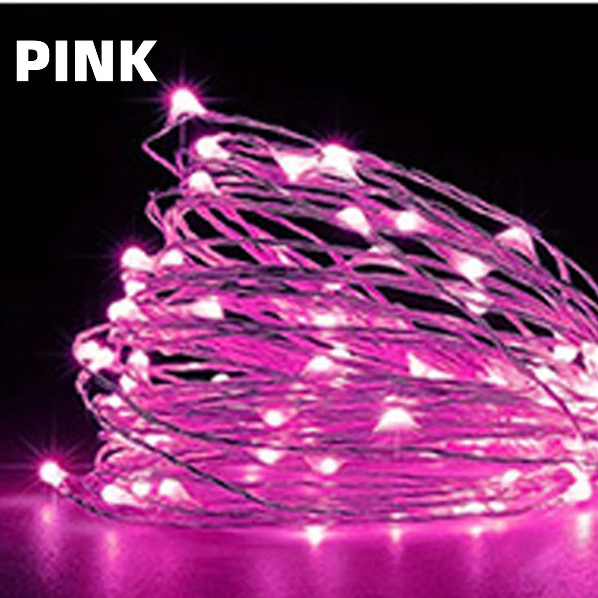 Pink string lights on a black background with 'PINK' text above.