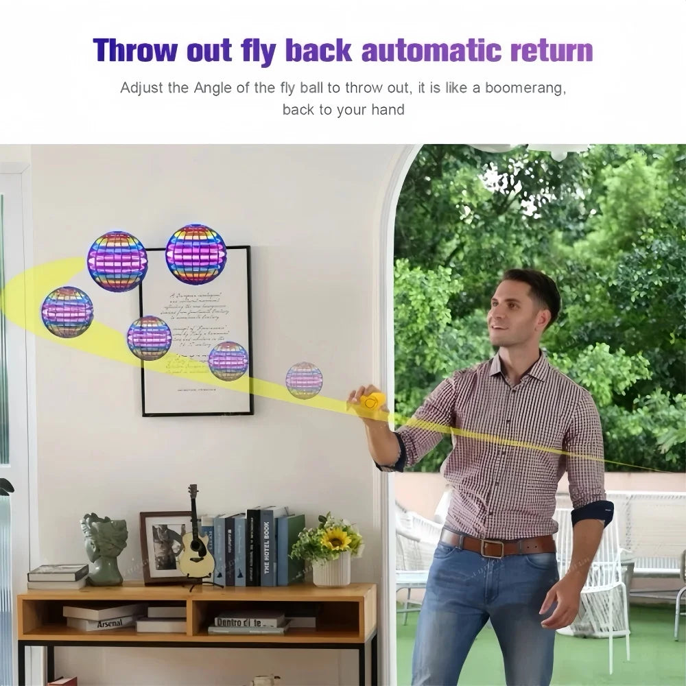 Man playing with a colorful fly ball toy in a room with greenery outside