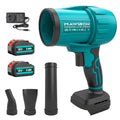 Mawiron cordless handheld blower shown with its accessories on a white background, including two 18V 5.5Ah batteries, a wall charger, three attachment nozzles, and the blower itself.
