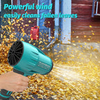 A person holds a teal Mawbron cordless leaf blower outdoors, spraying flying golden leaves toward a red wooden building. Large text at the top reads 'Powerful wind easily cleans fallen leaves.