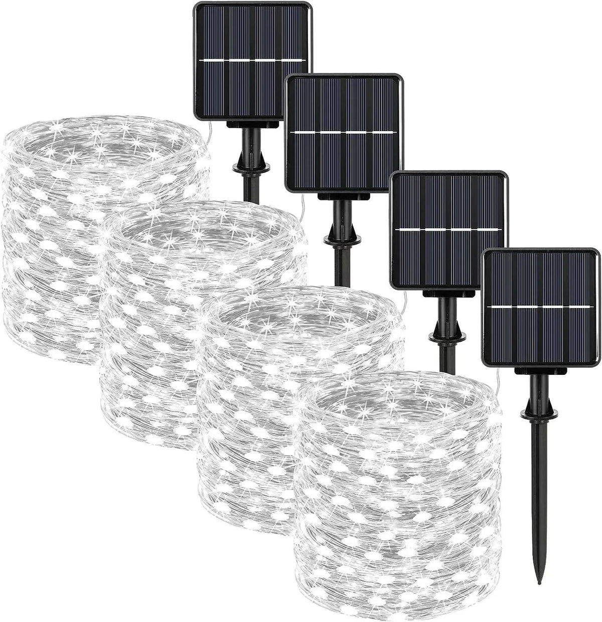 Solar-powered string lights with multiple solar panels on a white background