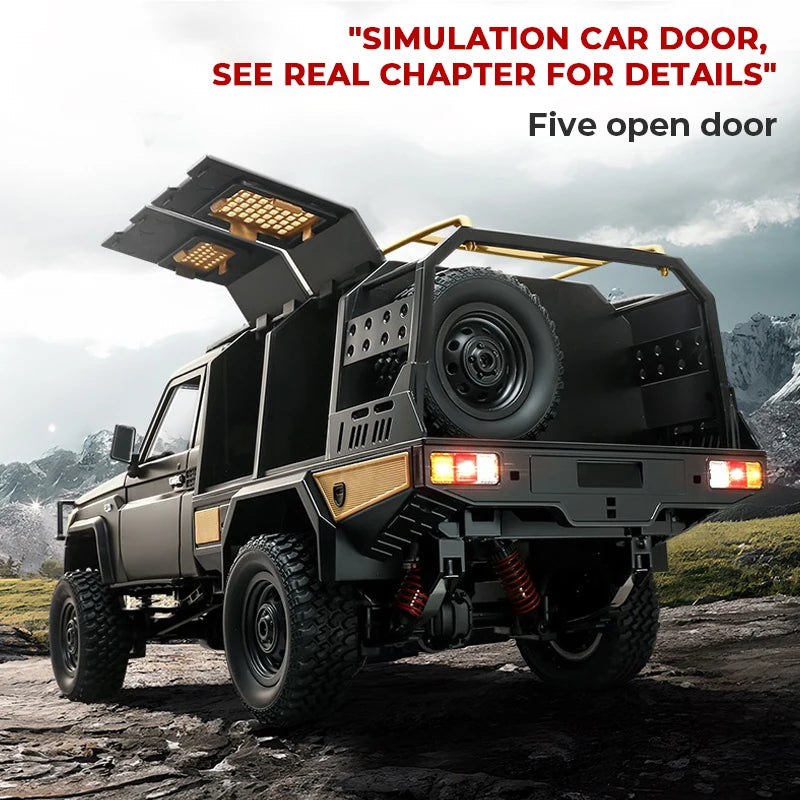 Off-road vehicle with open door in a mountainous landscape
