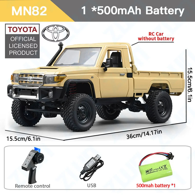 Toy RC car with remote control, USB cable, and 500mAh battery on a white background