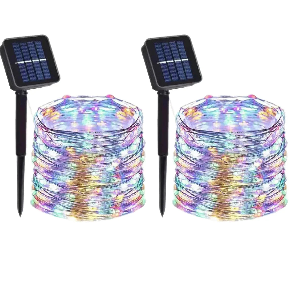 Two solar-powered string light sets with colorful lights on a white background