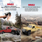 Two images of remote-controlled trucks with text describing features and performance.