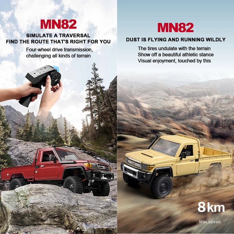 Two images of remote-controlled trucks with text describing features and performance.