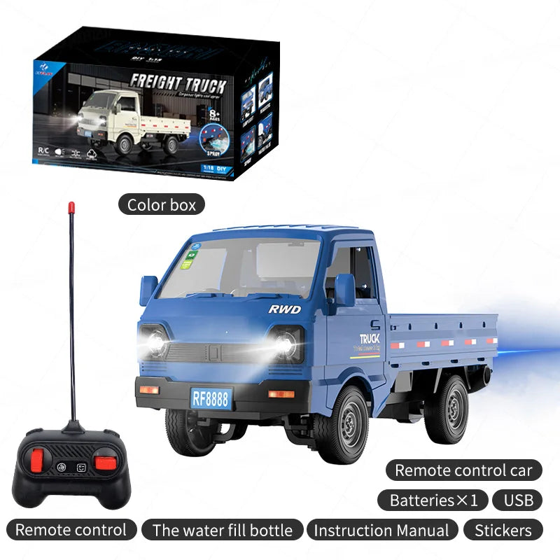 Blue remote control toy freight truck with its black remote control, product packaging box, and a color box label on a white background with feature text overlays.