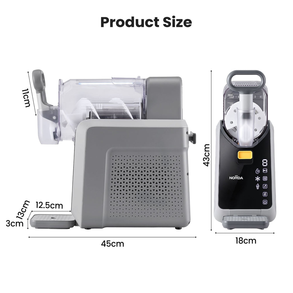 Measurement chart of a pasta maker and a Nolda food processor on a white background