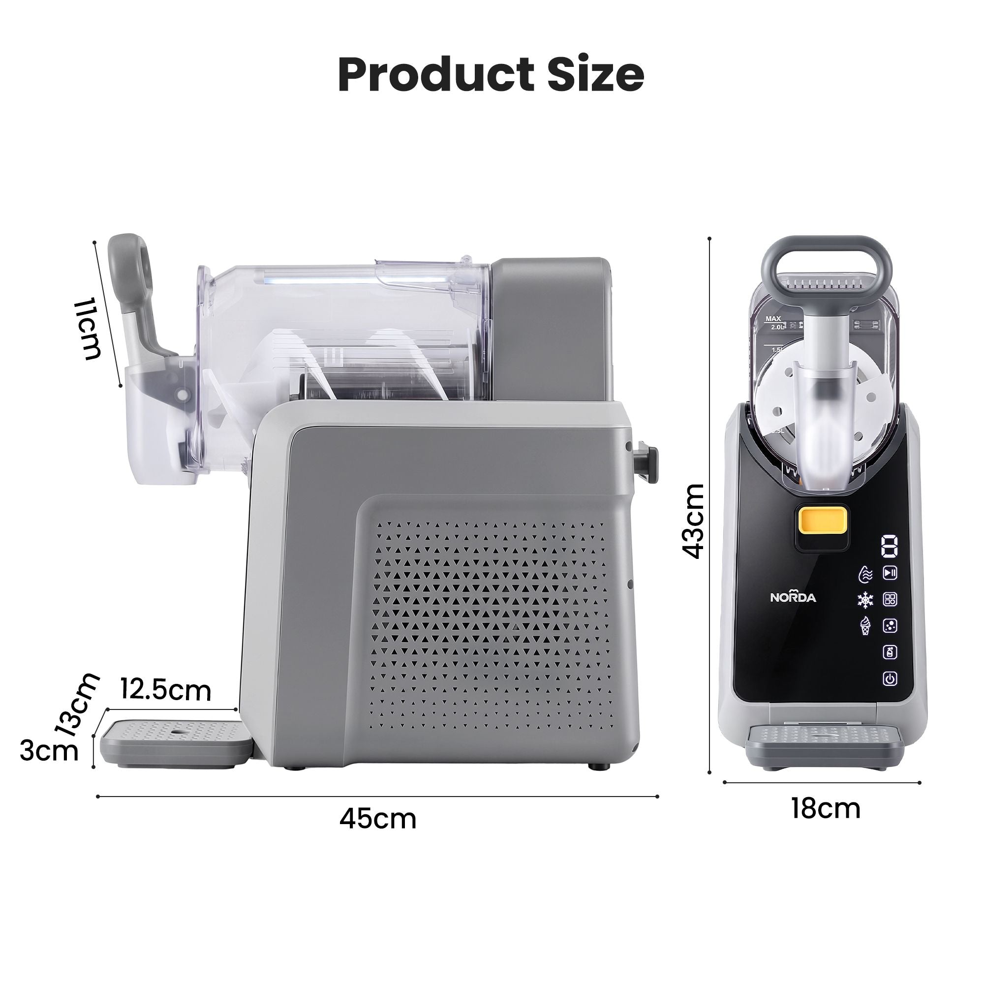 Measurement chart of a pasta maker and a Nolda food processor on a white background