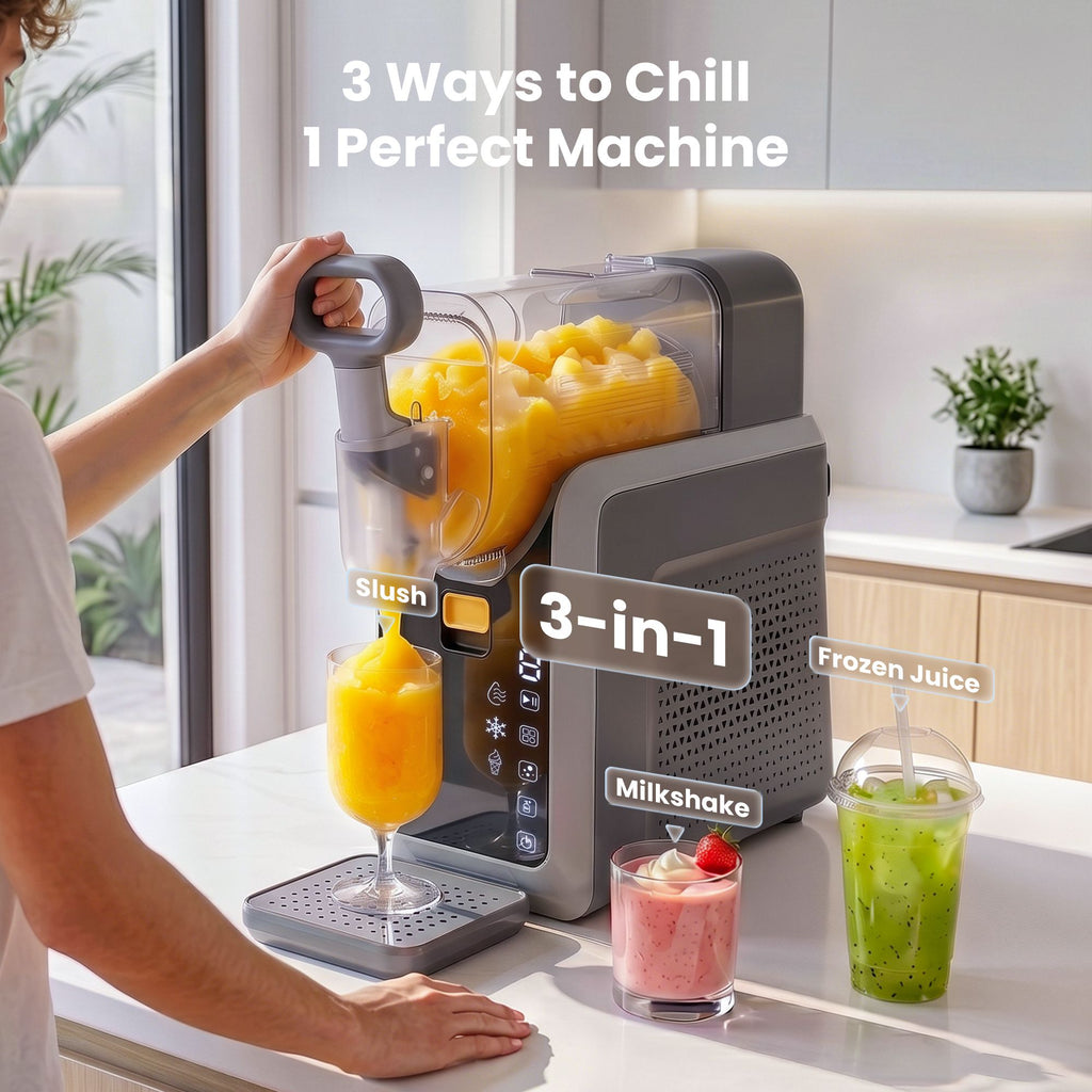 3-in-1 frozen drink machine with various drinks on a kitchen counter