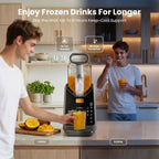 Two people in a kitchen with a blender and frozen drinks, emphasizing the product's features.