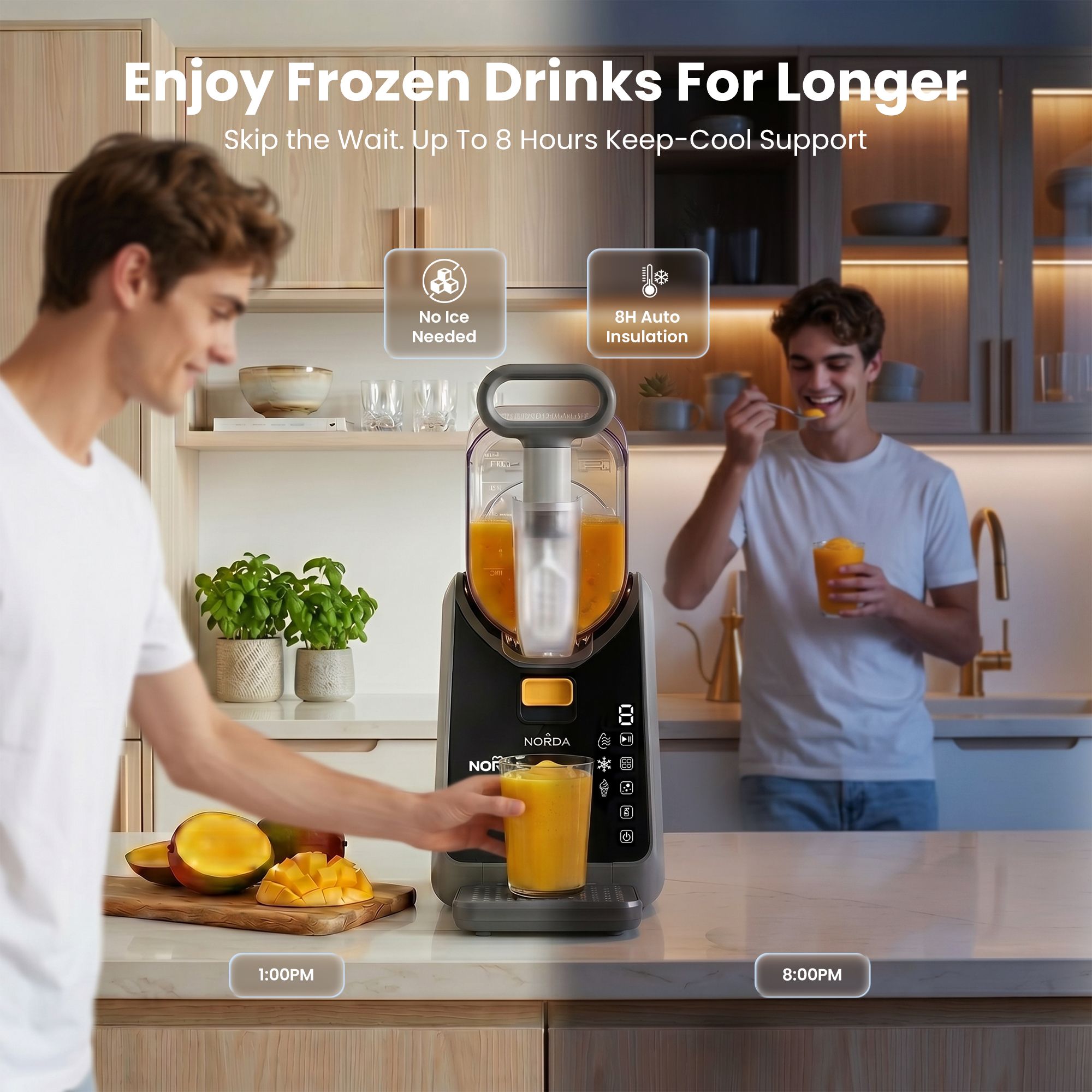 Two people in a kitchen with a blender and frozen drinks, emphasizing the product's features.