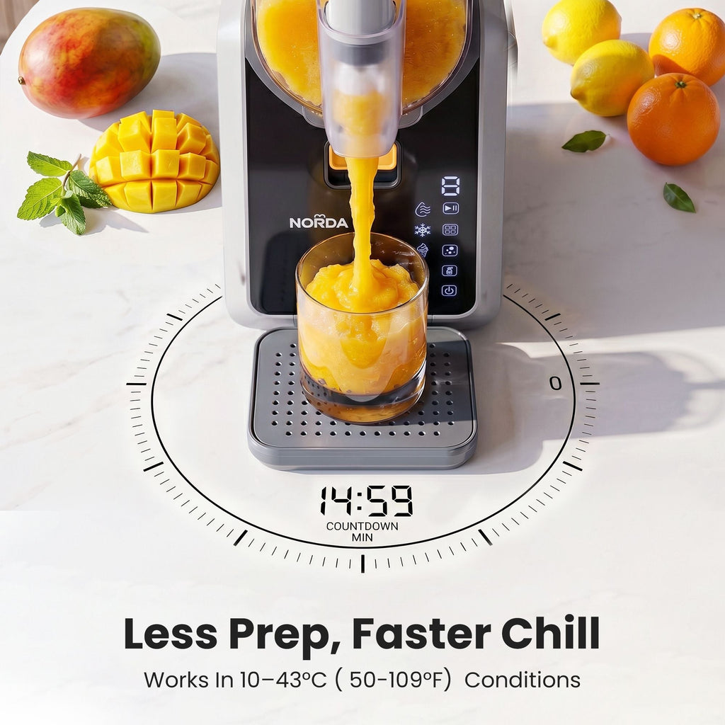 Norda juice maker dispensing orange juice into a glass with mangoes and lemons on a white background.