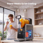 Blender with smoothies on a kitchen counter, featuring text about power and silence.