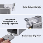 Coffee machine components with text labels on a light gray background