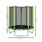 A round trampoline with an attached black mesh safety enclosure and green trim, shown on a white background with red dimension lines and labels indicating 183 cm width, 155 cm height, 46 cm floor height, and 201 cm overall height.