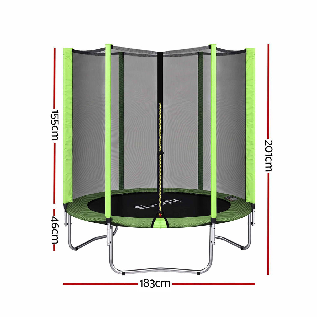 A round trampoline with an attached black mesh safety enclosure and green trim, shown on a white background with red dimension lines and labels indicating 183 cm width, 155 cm height, 46 cm floor height, and 201 cm overall height.