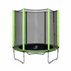 A round trampoline with a black jumping mat, green border, and a black mesh safety enclosure net with bright green side panels and silver metal legs, shown on a plain white background.
