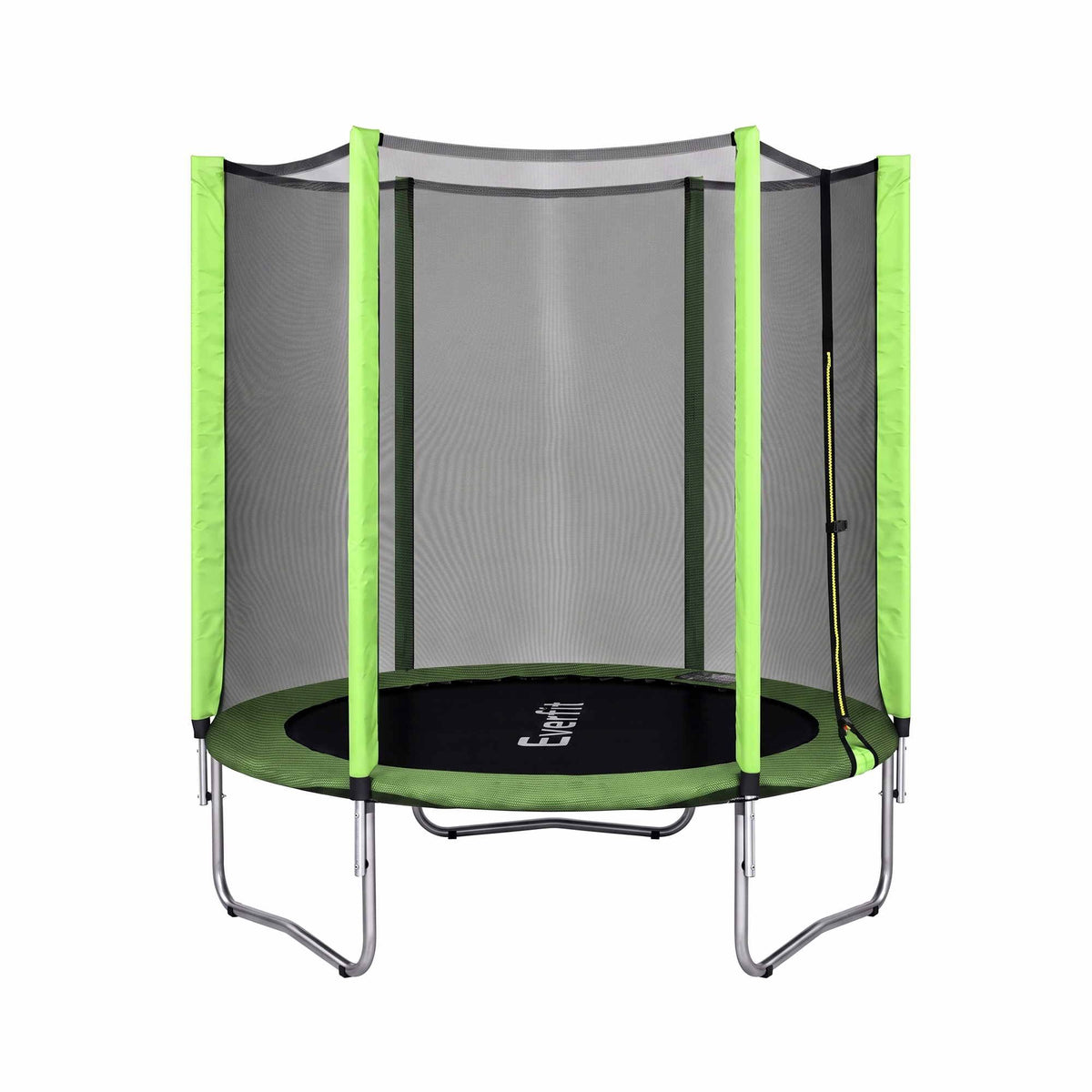 A round trampoline with a black jumping mat, green border, and a black mesh safety enclosure net with bright green side panels and silver metal legs, shown on a plain white background.