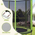 Green and black round trampoline with an attached safety net enclosure, shown in a backyard setting. The left side includes two circular inset callouts labeled 'SPRINGS' and 'ENCLOSED NET' on a cream graphic background.

Details