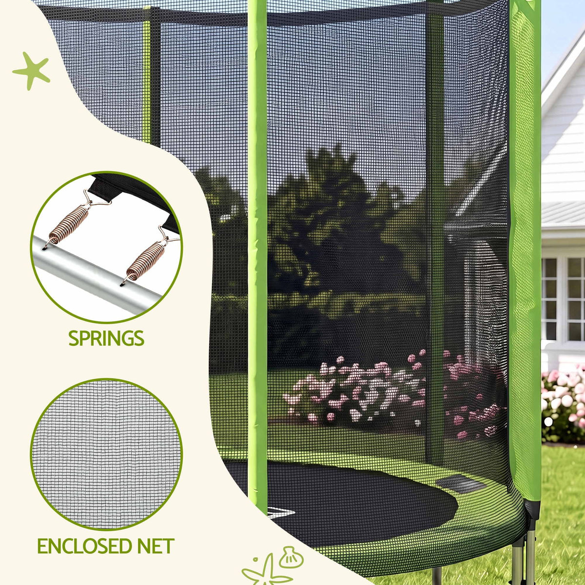 Green and black round trampoline with an attached safety net enclosure, shown in a backyard setting. The left side includes two circular inset callouts labeled 'SPRINGS' and 'ENCLOSED NET' on a cream graphic background.

Details