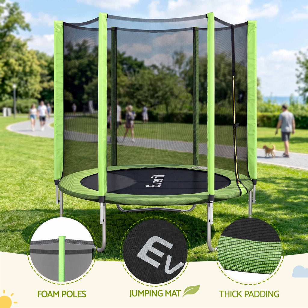 Green and black round trampoline with an attached safety net enclosure, shown outdoors on a grassy park lawn. The image includes three circular callout insets at the bottom highlighting foam poles, the jumping mat, and thick padding.

Details