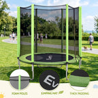 Green and black round trampoline with an attached safety net enclosure, shown outdoors on a grassy park lawn. The image includes three circular callout insets at the bottom highlighting foam poles, the jumping mat, and thick padding.

Details