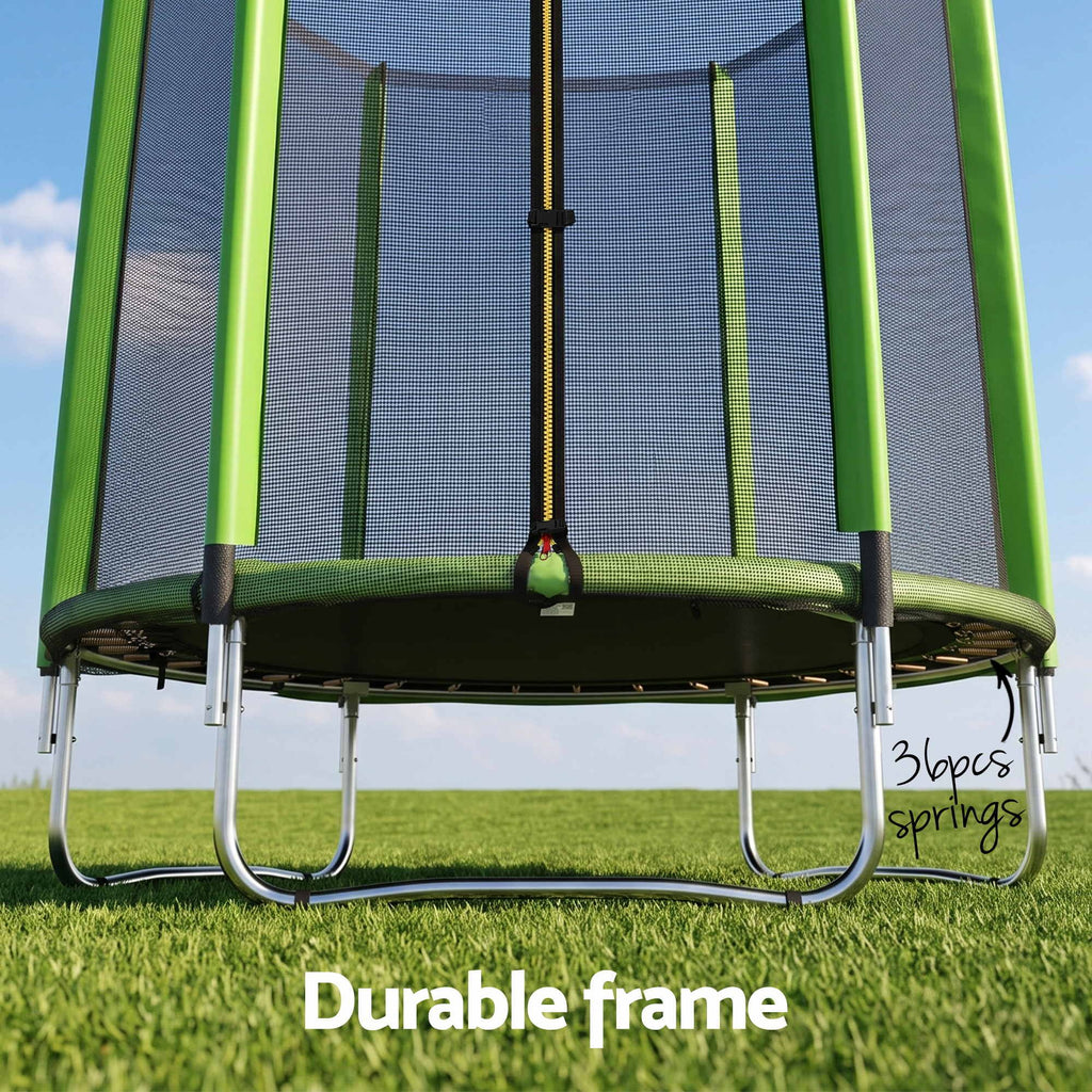 A green and black trampoline with a safety net enclosure, shown outdoors on grass under a blue sky. The text 'Durable frame' appears at the bottom, and a handwritten note on the right says '360° springs'.

Details
JPG

• 2000 × 2000

• 593.57 kB