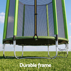 A green and black trampoline with a safety net enclosure, shown outdoors on grass under a blue sky. The text 'Durable frame' appears at the bottom, and a handwritten note on the right says '360° springs'.

Details
JPG

• 2000 × 2000

• 593.57 kB