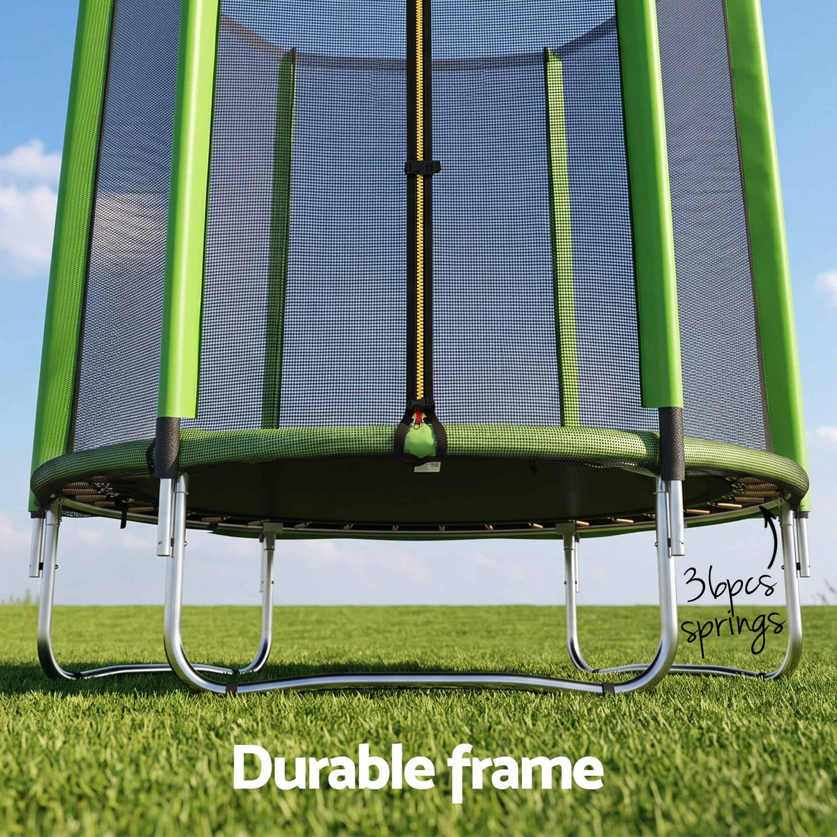 A green and black trampoline with a safety net enclosure, shown outdoors on grass under a blue sky. The text 'Durable frame' appears at the bottom, and a handwritten note on the right says '360° springs'.

Details
JPG

• 2000 × 2000

• 593.57 kB