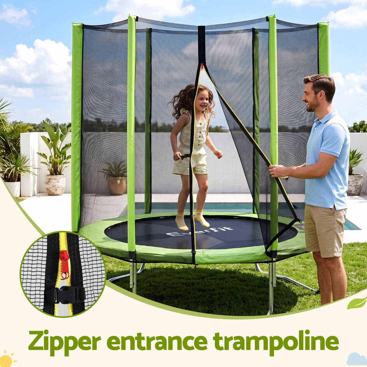 A children's trampoline with a green frame, black jumping mat, and tall black safety net enclosure, shown outdoors on grass with a man holding the net and a girl jumping inside. Text at the bottom reads 'Zipper entrance trampoline' and a circular inset shows a close-up of the zipper area.