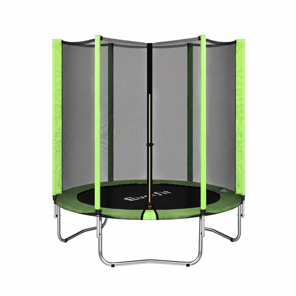 A round trampoline with a lime green safety net enclosure, black jumping mat, and silver metal frame, shown against a plain white background.

