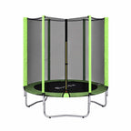 A round trampoline with a lime green safety net enclosure, black jumping mat, and silver metal frame, shown against a plain white background.
