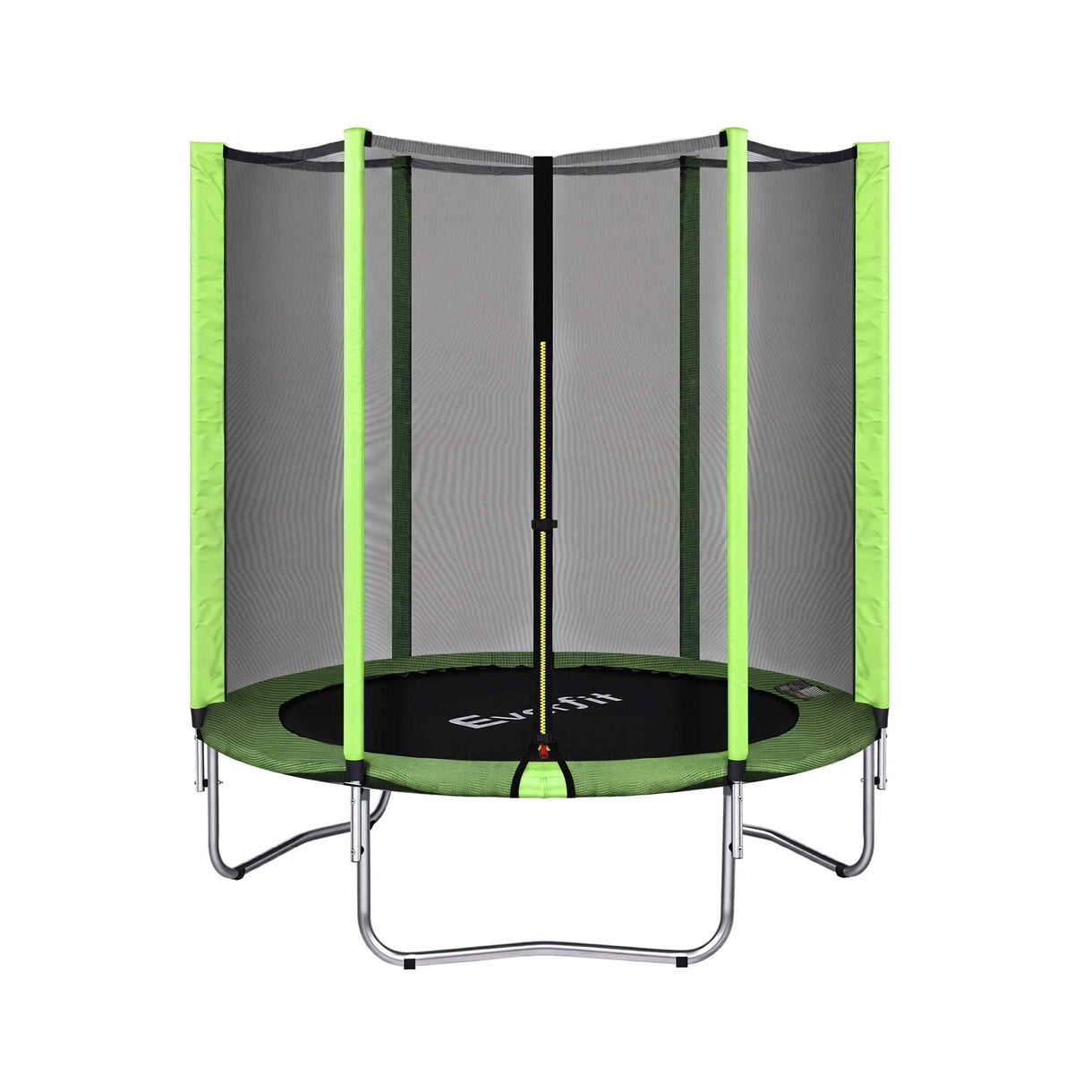 A round trampoline with a lime green safety net enclosure, black jumping mat, and silver metal frame, shown against a plain white background.
