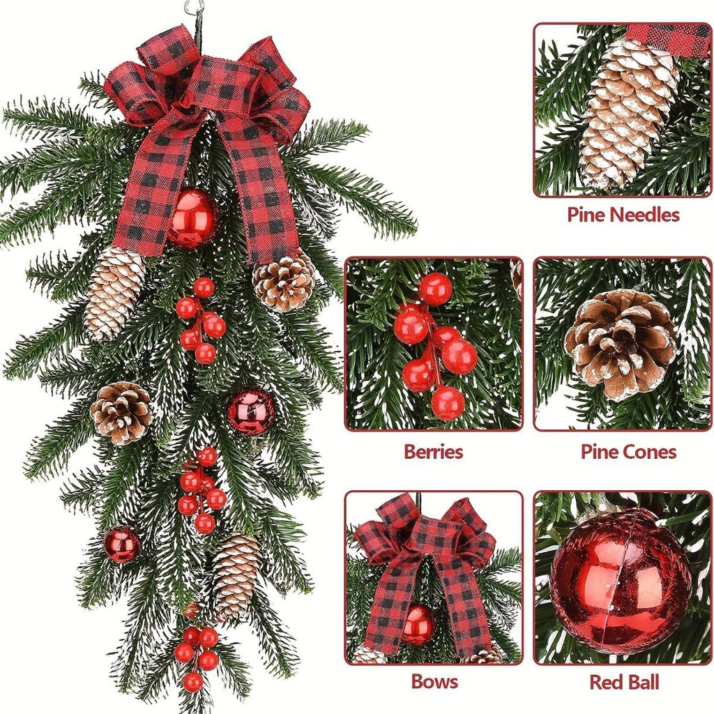 A hanging Christmas tree branch decoration with green pine needles, red berries, pine cones, red ornaments, and red plaid bows, shown on a white background with inset close-up labels for pine needles, berries, pine cones, bows, and a red ball
